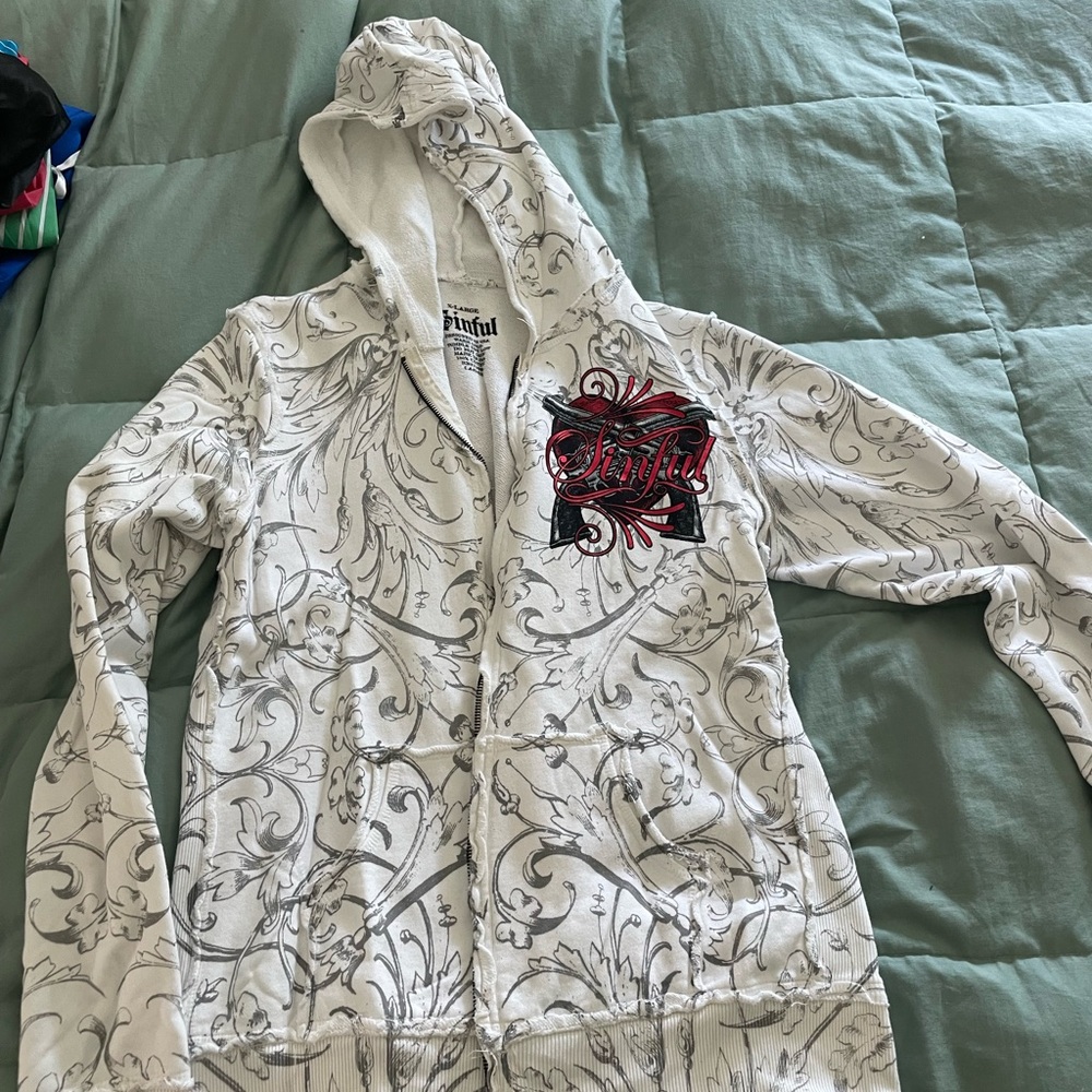Sinful White Hoodie with Gray and Red Accents